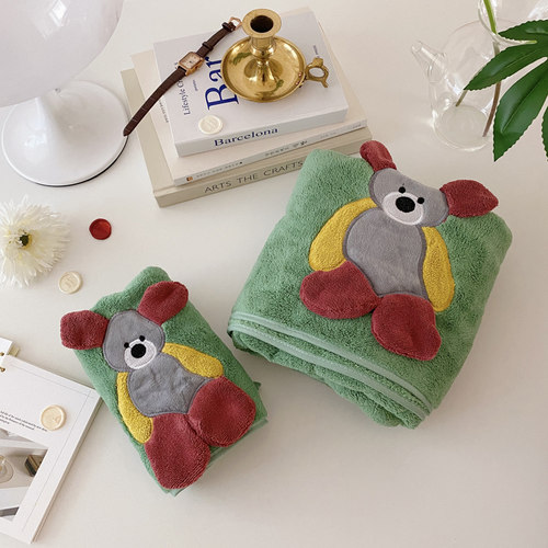 熊宝宝浴巾套装!韩国宝宝定制泰迪绒速干毛巾浴巾套装儿童洗澡巾