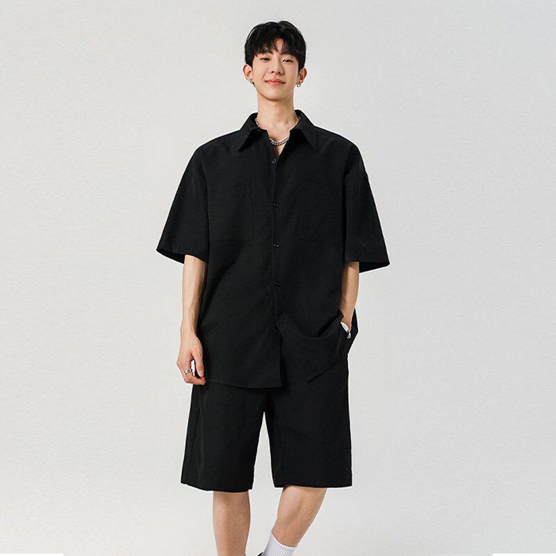 吾一白夏季薄款2025新款男生冰丝凉感衬衫套装男士休闲潮短袖短裤