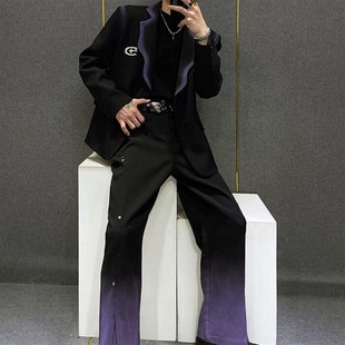 宽松美式 男士 休闲设计感西服外套男高级感气质 黑色渐变西装 春秋款