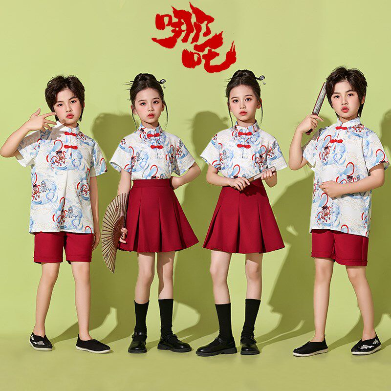 六一儿童啦啦队演出服小学生哪吒国潮汉服女童旗袍幼儿园表演服装