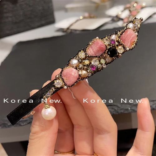 韩国重手工原石发夹水钻珍珠边夹发饰品成人发卡子后脑勺一字顶夹