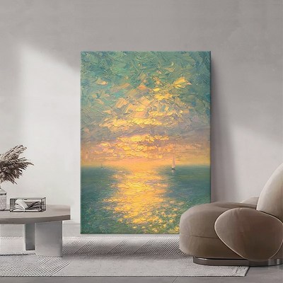 落日晚霞纯手绘油画侘寂风玄关装饰画客厅抽象大海刀画肌理画挂画