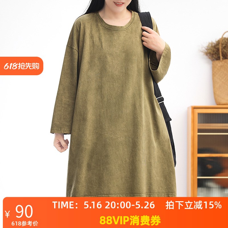 复古大版中长款纯棉 做旧大码长袖T恤女装连衣裙慵懒风显瘦2025春