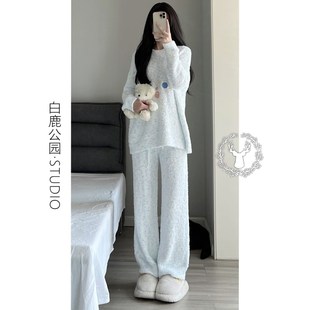 加厚保X暖家居服套 少女韩版 温柔风针织半边绒睡衣女冬季 新款 大码