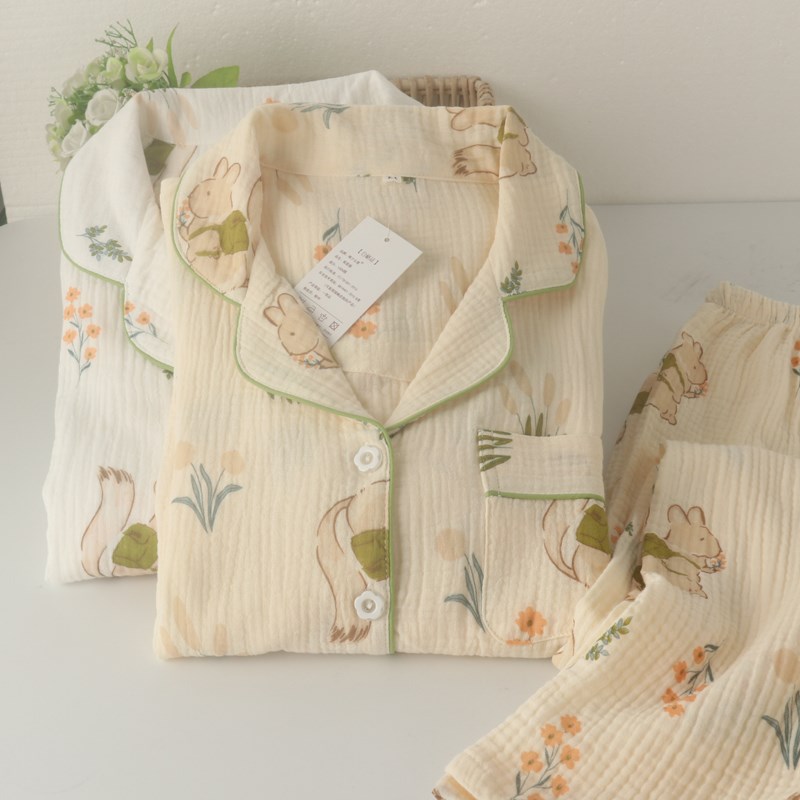 日系女士纯棉双层纱布绉棉可爱长袖长裤睡衣家居服套装春夏全棉