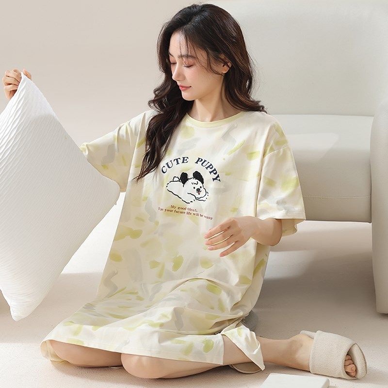 纯棉短袖睡裙女款夏季女士韩版休闲中长款家居睡衣裙子.夏天凉感