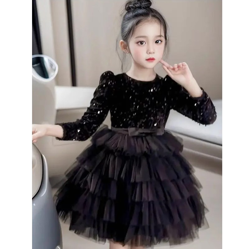 女童加绒连衣裙秋冬圣诞儿童公主裙过年礼服黑宝宝生日新年亮片裙