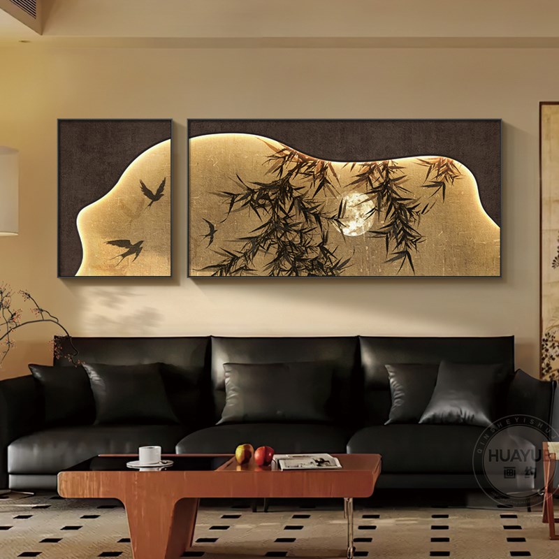 中古风墨竹客厅装饰画高级感竹子沙发背景墙挂P画法式复古组合壁