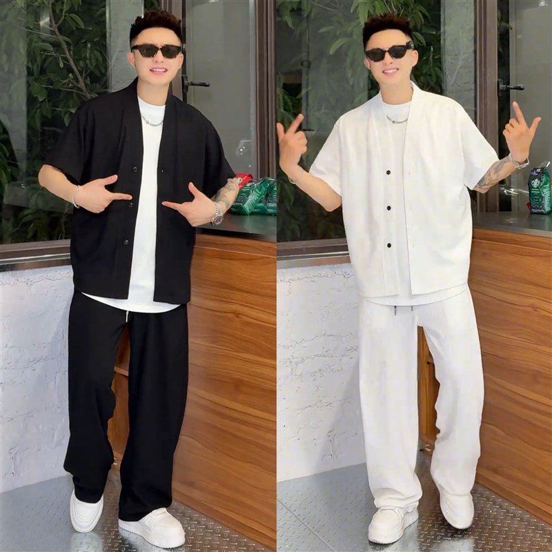 夏季新款老钱风肌理感休闲套装男简约V领短袖开衫阔腿长裤两件套