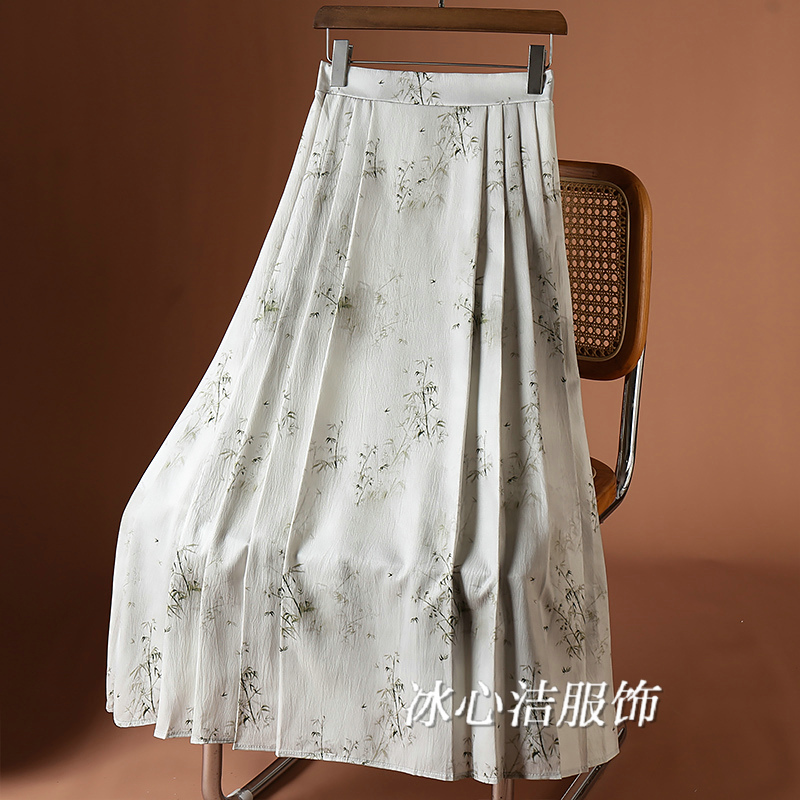 2025夏季新中式国风印花百褶半身裙女高腰显瘦小个子绿色裙子长裙