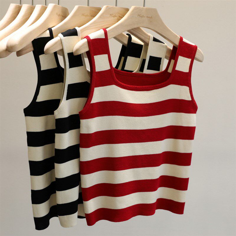 上身尽显好身材!撞色条纹针织吊带背心女弹力百搭短款外穿上衣
