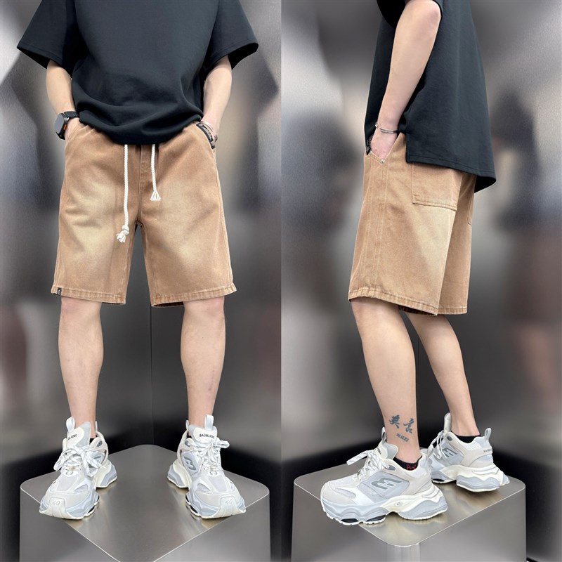 2025春夏新款美式高街做旧牛仔短裤男士重磅渐变水洗直筒五分裤子