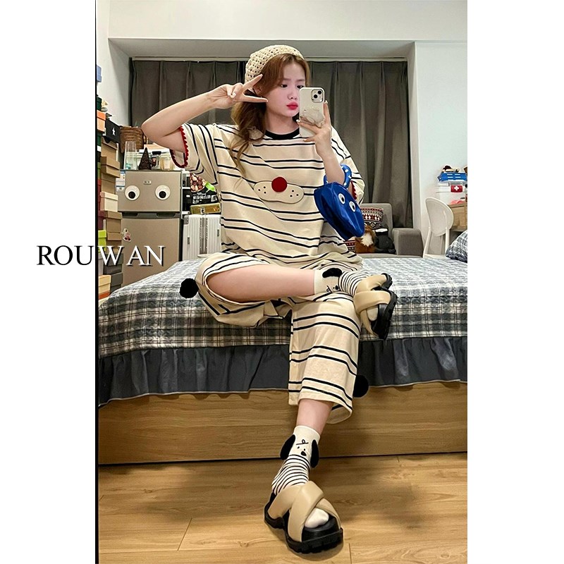 可爱卡通酷猫条纹睡裙夏季女款连体短袖睡衣N宽松大码家居服可外