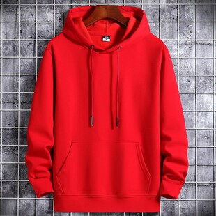 连帽卫衣男秋冬男女装 加绒情侣外套本命年大红色 百搭宽松纯色帽衫