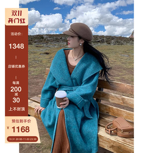 羊毛加厚蓝色连帽毛呢外套 双面羊绒大衣女冬中长版 2023新款 秋冬季