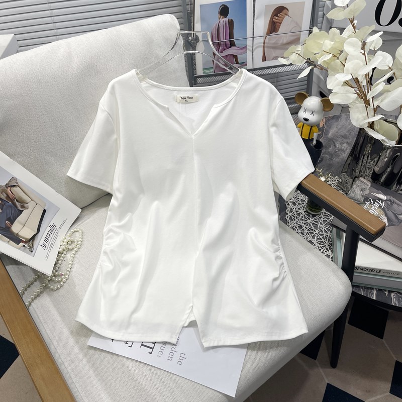 胡子叔大码女装夏季新款短袖T恤女胖mm显瘦设计感欧货开叉上衣潮