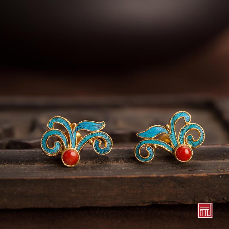 925银金花丝镶嵌复古宫廷仿点翠烧蓝兰花耳钉女蓝莲花唐装耳饰