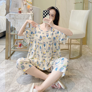 短袖七分裤睡衣女夏款纯棉绸夏天超薄凉快人造棉套装家居服学生