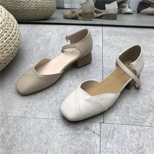 工厂新款断码真皮女鞋夏季时尚休闲粗跟包头韩R版简约牛皮女凉鞋