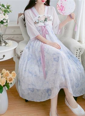 女大童胖女童中国风13岁少女古装汉服学生12岁大码连衣裙超仙夏装