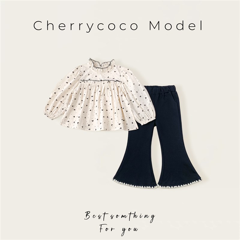 2024新款秋季爱心套装女童可爱娃娃衫女宝宝洋气珍珠喇叭裤两件套