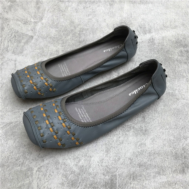 外贸真皮女鞋头层牛皮软底浅口单鞋 圆头真皮编织透气百搭平底鞋