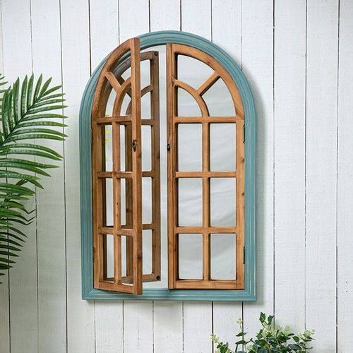 复古实木拱形蓝木色对开假窗壁挂家居软装相片墙饰花园装饰假窗镜