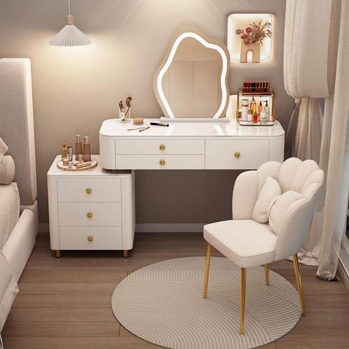 岩板实木梳妆台卧室奶油风现货简约轻奢可伸缩书桌化妆桌一体