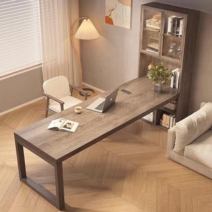 实木书桌带书架组合双人学习桌卧室办公电脑台式桌家用书柜一体桌