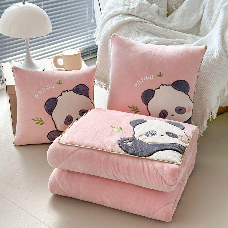 卡通熊猫抱枕被子两用二合一双面加绒办公室沙发毯靠枕午休盖毯子