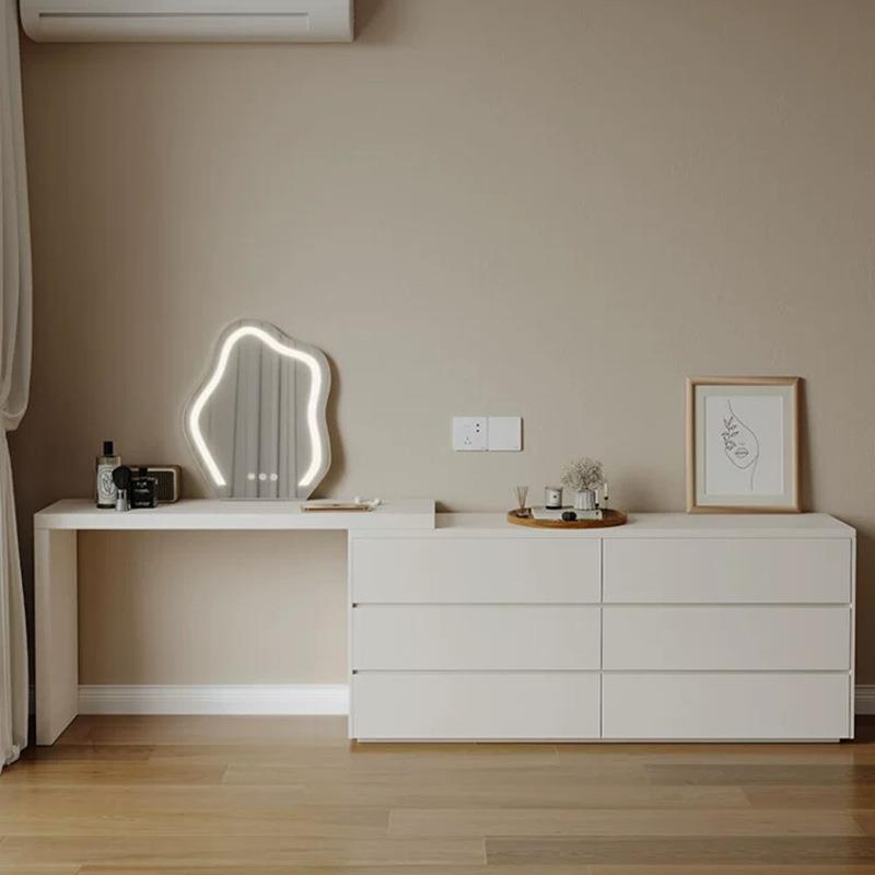 轻奢全实木梳妆台收纳柜一体卧室网红新款可伸缩化妆桌奶油风白色