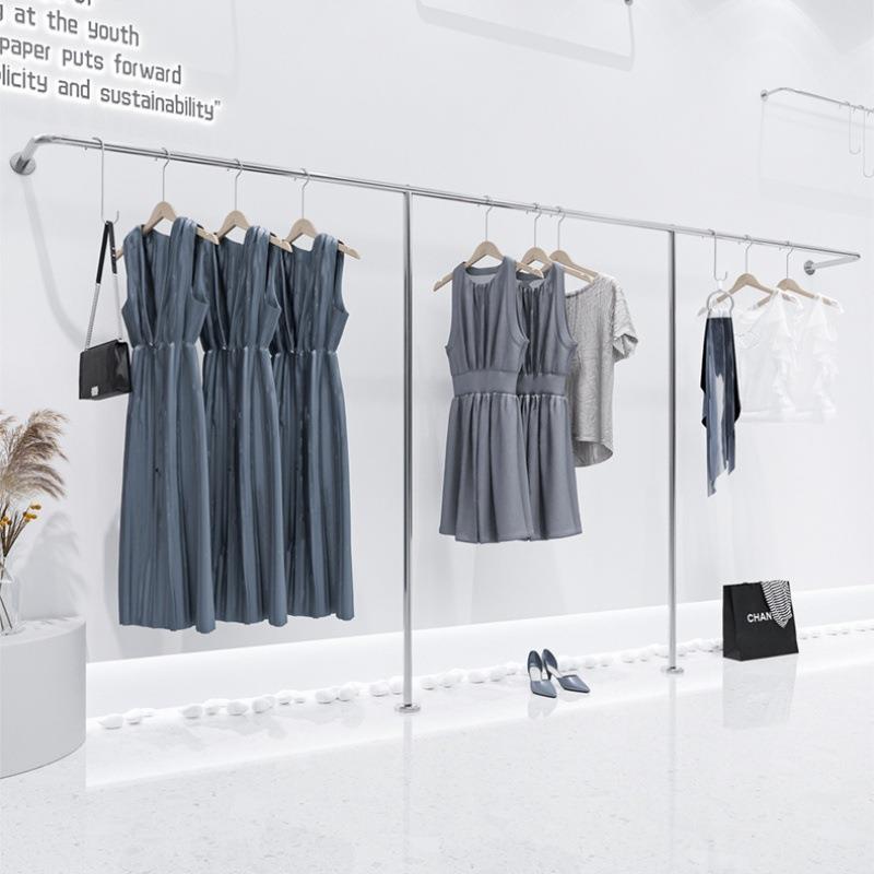 服装店上墙展示架货架衣服架子落地立式网红女装店陈列架壁挂银色