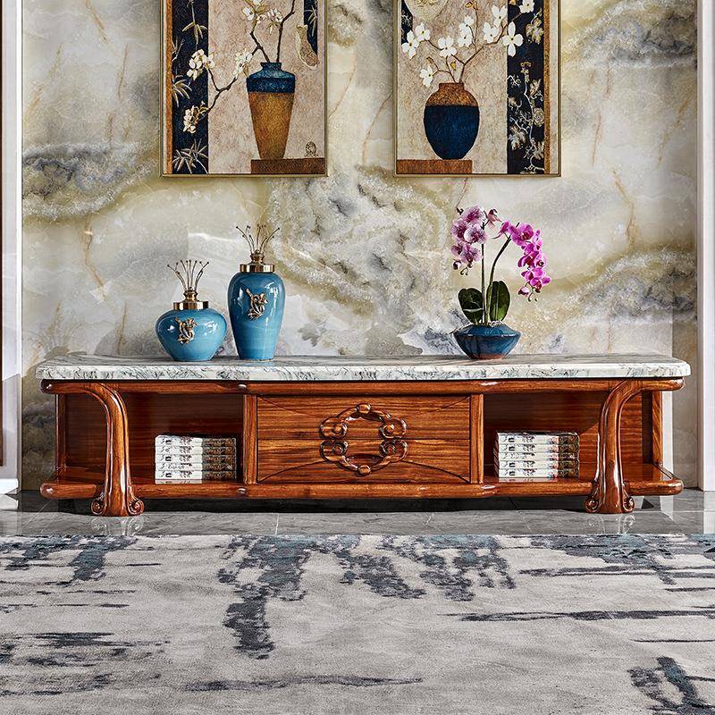 欧式大理石电视柜茶几组合客厅家具天然石面地柜美式乌金木影视台