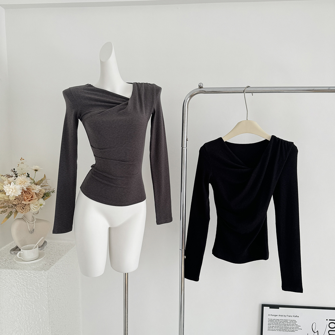 大瓶定制 纽纽上衣2.0 显瘦高弹捏褶修身长袖打底衫百搭T恤上衣秋