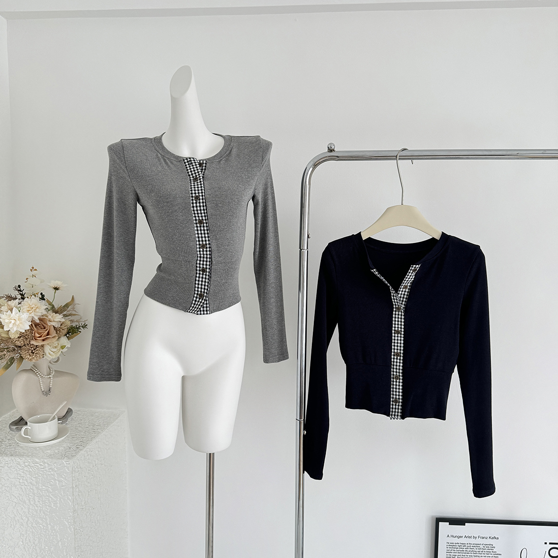 HEYGIRL黑哥 古早辣妹 格纹拼接假两件针织开衫圆领长袖上衣