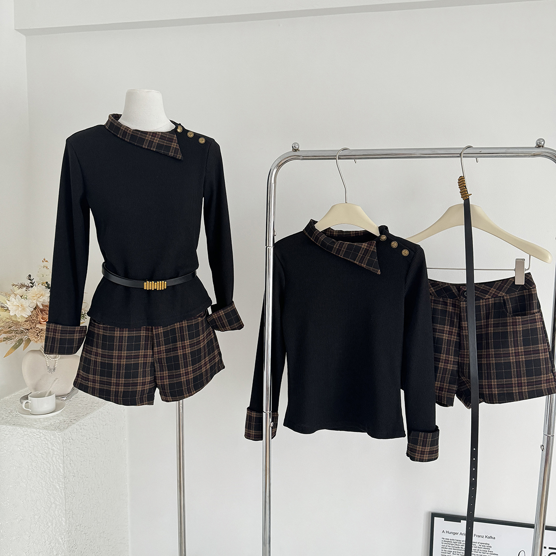 格子拼接长袖针织衫女秋vintage老钱风上衣假两件T恤