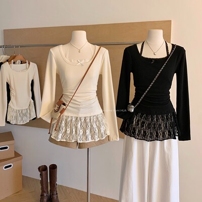 时尚芭蕾风蕾丝拼接挂脖针织衫女冬季黑色甜美内搭打底别致上衣潮