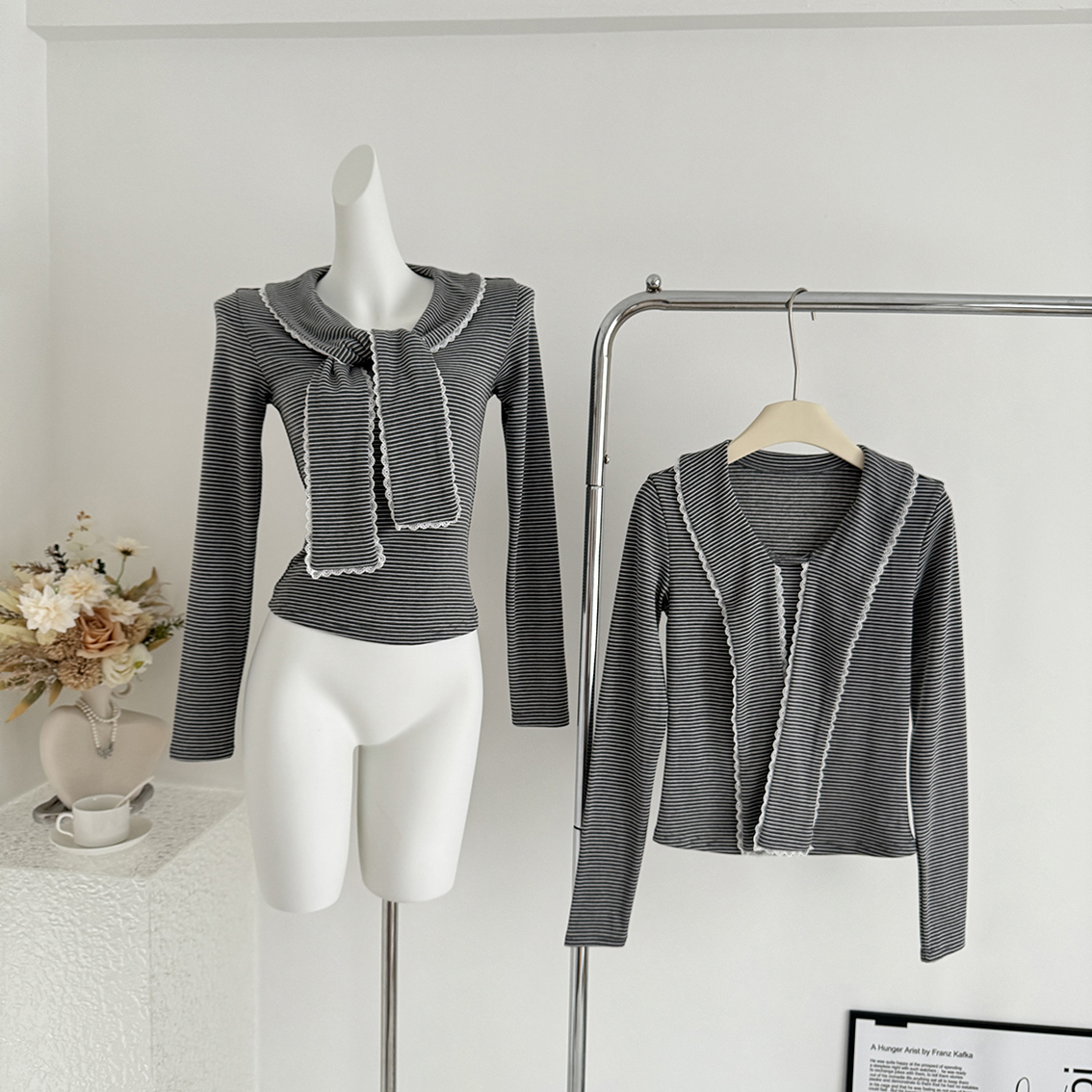 morning bloom条纹蕾丝拼接蝴蝶结长袖T恤女秋季修身打底内搭上衣