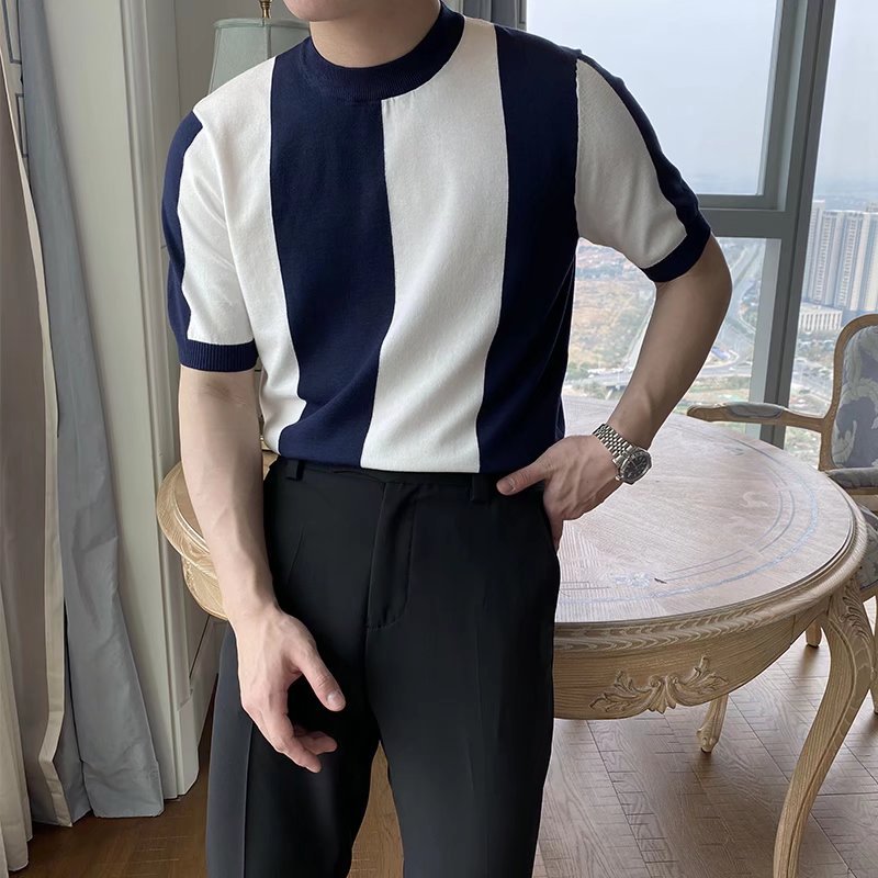 时尚新款条纹冰丝短袖T恤衫休闲简约修身款男士上衣服潮流针织衫