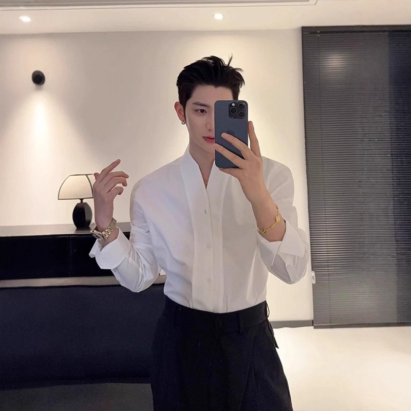 法式立领白色长袖衬衫男款高级感雅痞风西装内搭修身无领衬衣