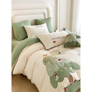 小清新圣诞树冬季加厚牛奶绒四件套双面珊瑚绒被套法兰绒床上用品