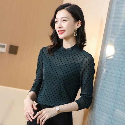 半高领网纱打底衫女内搭纱衣加绒上衣女蕾丝黑色打底衫女春秋加厚