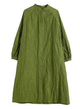 清濯细皱皱树皮肌理小小翻领牛油果绿色休闲文艺棉质连衣裙