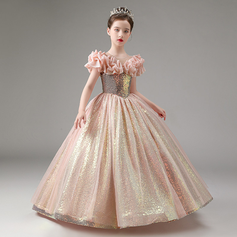 儿童礼服高端公主裙洋气一字肩生日公主裙女童主持钢琴演出服走秀