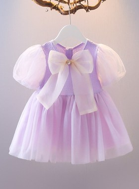 2022夏韩国网红法式仙女裙儿童大蝴蝶结连衣裙女宝宝紫色纱裙代