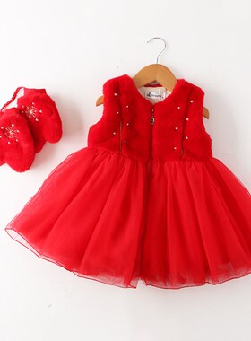 女童秋冬公主裙连衣裙背心裙宝宝红色洋气蓬蓬裙礼服