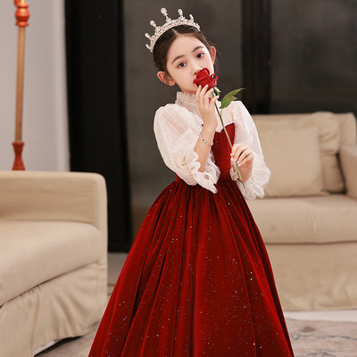 大码胖女生礼服女大童主持人花童婚礼小女孩公主裙红色钢琴演出服