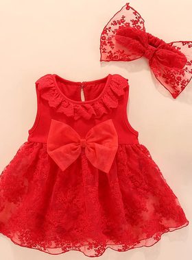 宝宝周岁礼服女童连衣裙婴儿百天2021夏装新品满月红色洋气公主裙