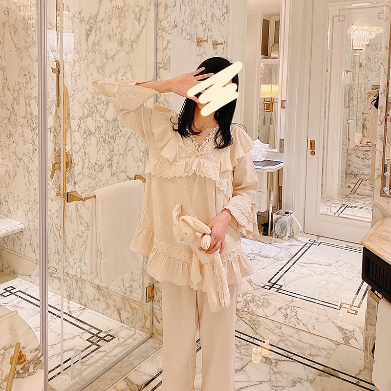 睡衣女春秋新款V领长袖纯棉公主风套装法式复古宫廷可外穿家居服