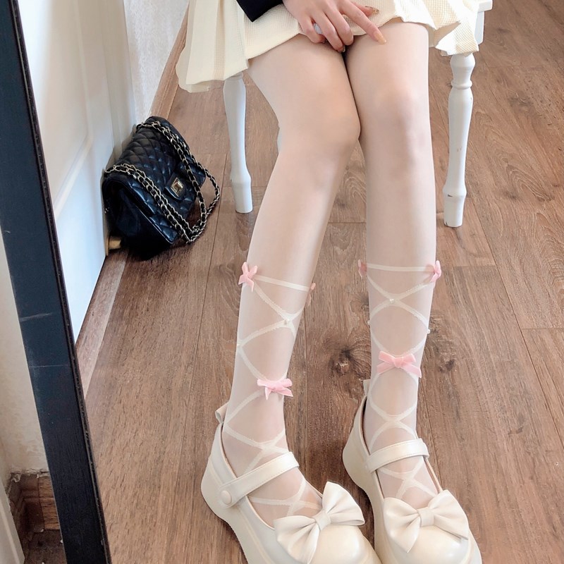 JK米白色连裤袜春夏薄款透肉少女蝴蝶结绑带提花丝袜Lolita白丝女